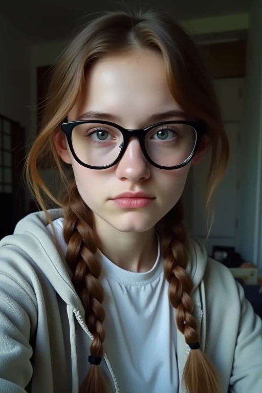sfw,raw photo,beautiful ginger girl, in an office, graphic eyeliner, rouge, glasses,pigtails,realistic skin texture,face freckles,black tshirt,show bust,black leggins,masterpiece,blush,blushed,blushing,teen girl,pale skin,big bust ,beautiful,sexy pose,sexy,sexy body,perfect body,wide hips,, warm lighting, cosy atmosphere, bored face
