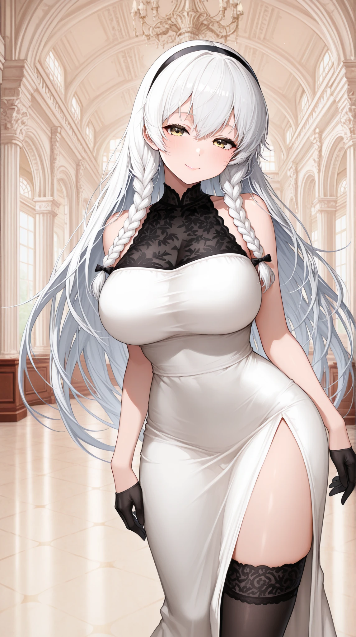A woman wearing a luxurious silver dress, with an iron cross necklace around her neck,  shoulder, big breasts, silver heels, silver hair, long hair, smiling, burgundy eyes, big breasts, walking outside a luxury mansion, close view, luxury marble floor, luxury garden..,UHD, prime work, accurate, anatomically correct, textured skin, super details, high quality, best quality, 8k, high resolution, bokeh effect . (woman alone)
