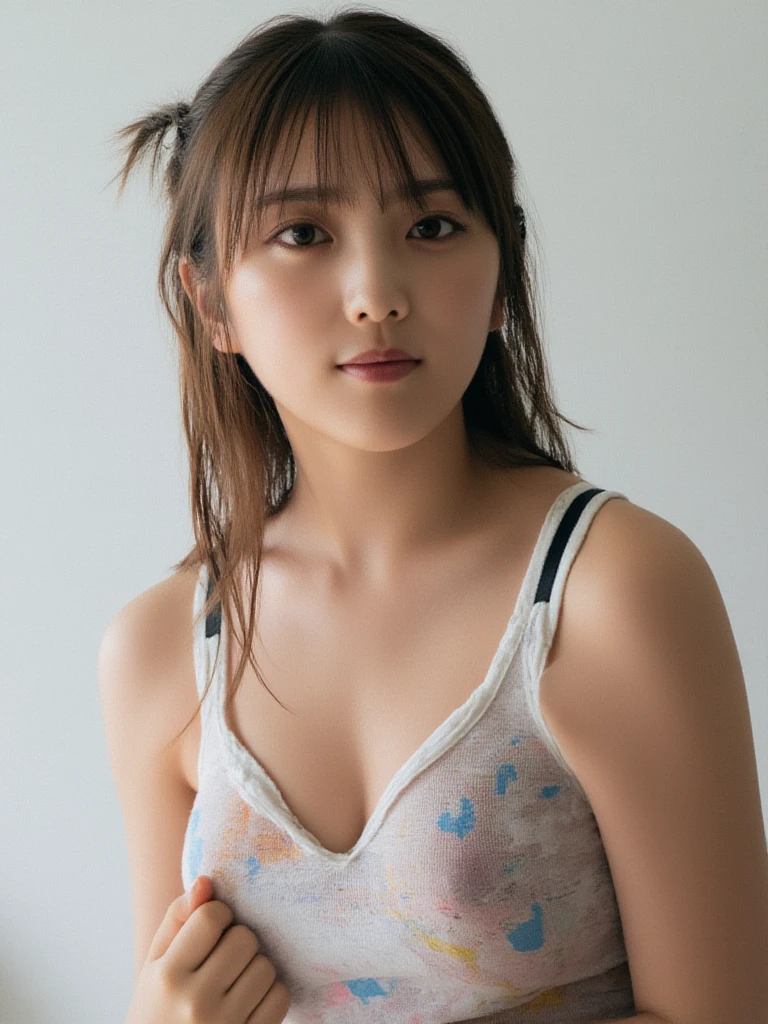 (8K, RAW Photos, Highest quality, masterpiece: 1.4), (Realistic, photoRealistic: 1.4), Super detailed, Ultra-high resolution, One Girl, Beholder, Beautifully detailed face, smile, (Slim waist: 1.0), Beautifully detailed skin, Skin Texture, Floating Hair, Professional Lighting, Middle Chest, Kind eyes,(small wet breasts:1.6), (beautiful :1.4),(:1.9), (:1.0), (law :1.5), (sleeveless blouse:1.3),(Feather Cut:1.0), (petite:1.0)