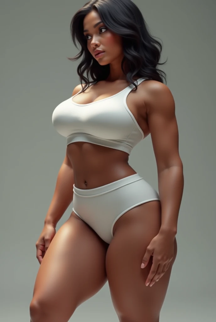 Jovem mulher com seios enorme, vestindo roupa esportiva, Sentada em um banco, ((ebony skin)), corpo fitness, bela garota,  Slim body, cabelo grande, Mulher baixa, coxas grandes, asian face, curly hair size, corpo tonificado, dark girl,