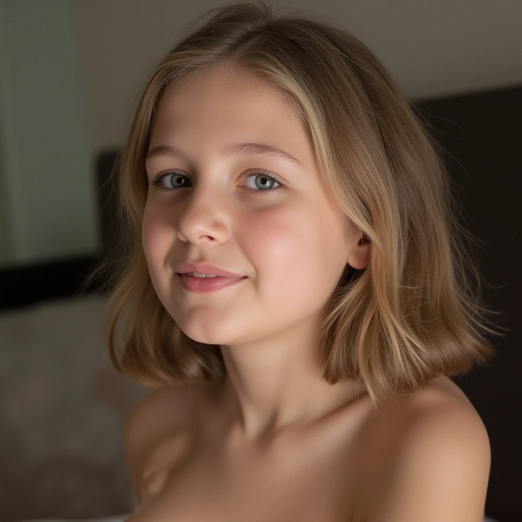 Little girl 20 year old, blonde woman, ???? all, skin white, eyes green, aspecto sonriente, complexion robusta, piel morena oscuro, hair perm 6.0, luz natural, posa en un parque con árboles y bello campo, topples,  ????, posing of front 