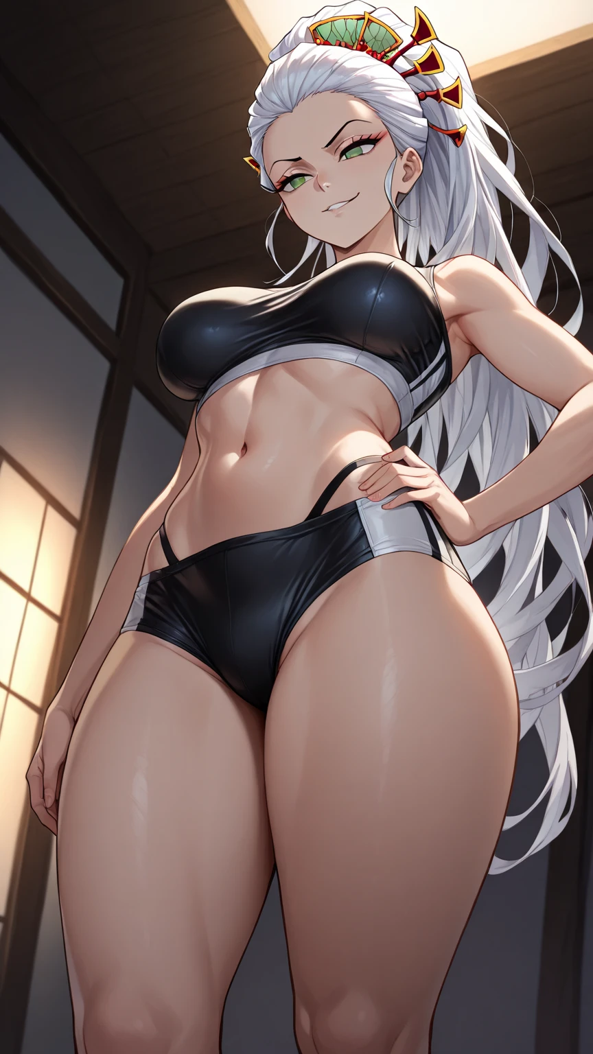 masterpiece, best quality, extremely detailed CG, beautiful detailed eyes, ultra-detailed, {{{in the motel room}}}, intricate details: 1,2), 8K Wallpaper, elaborate assets, (1girl, alone : 1.4), standing, (anime style textures), very high resolution, (vibrant colors, dynamic lighting: 1.0), (high contrast: 0.8), cookie (Danmachi), ???????, long hair, blue ribbon, (twintails) , gloves, ribbon, dress, king no, himo, ???????????, blue eyes, black hair, (slim), white Gloves, cleavage, white dress, hair ribbon, bow, sleeves, sleeves dress, fringe, cropped neckline, ornament hair, bow tie, cutout clothes, very long hair, level dress, arm ribbon, (full body: 1.1), smile, cute, muscular legs, muscular belly, pants, stand, barefoot