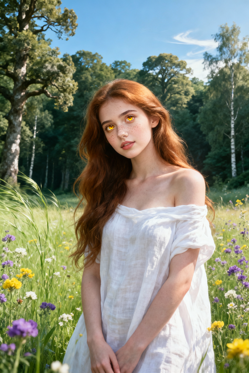 realistic, photo of a cute young girl, innocent, big beautiful eyes, long red hair, pale white skin, looking from the side, in a garden full of flowers and lots of colors, Porta 160 color, shot on ARRI ALEXA 65, bokeh, sharp focus on subject, shot by Don McCullin, High Resolution, 4K, high detailed face,