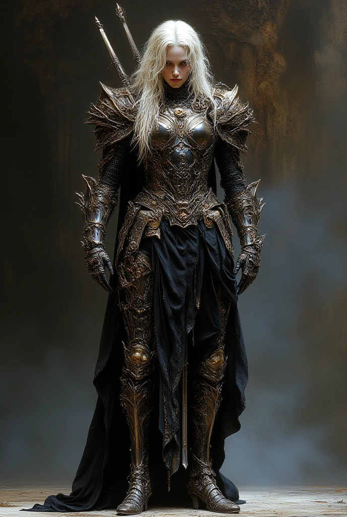 (masterpiece:1.1), (best quality:1.1), (ornate:1.1), (monochrome:1.3), (black and white:1.3), BREAK, (horror:1.0), (esoteric:1.1), (solo:1.4), (dynamic angle:1.0), (cowboy shot:1.0), (woman:1.1),(very muscular bodybuilder girl:1.25), (huge upper body:1.25), (narrow :1.0), long hair, (gothic intricate vampiric armor:1.25), ((full body front view)), (gauntlets:1.0), (shoulder armor:1.1), ((tarot style frame))