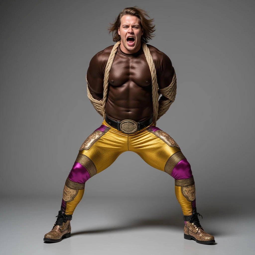 There is only one handsome Asian actor in the picture，30 years old，Tall and handsome, Toned body，short hair, O-Shaped Beard，Perfect body, Dark skin，Glowing skin，Smooth skin，The body is hairless，Muscle bulge, Muscular, Very large pectoral muscles，Very sexy abdominal muscles，Very well-developed leg muscles，Huge concave and convex area，Brightens oily skin，Wearing a gold leather shiny ，Handsome face， Correct and accurate male body proportions, Stand among the flowers。
