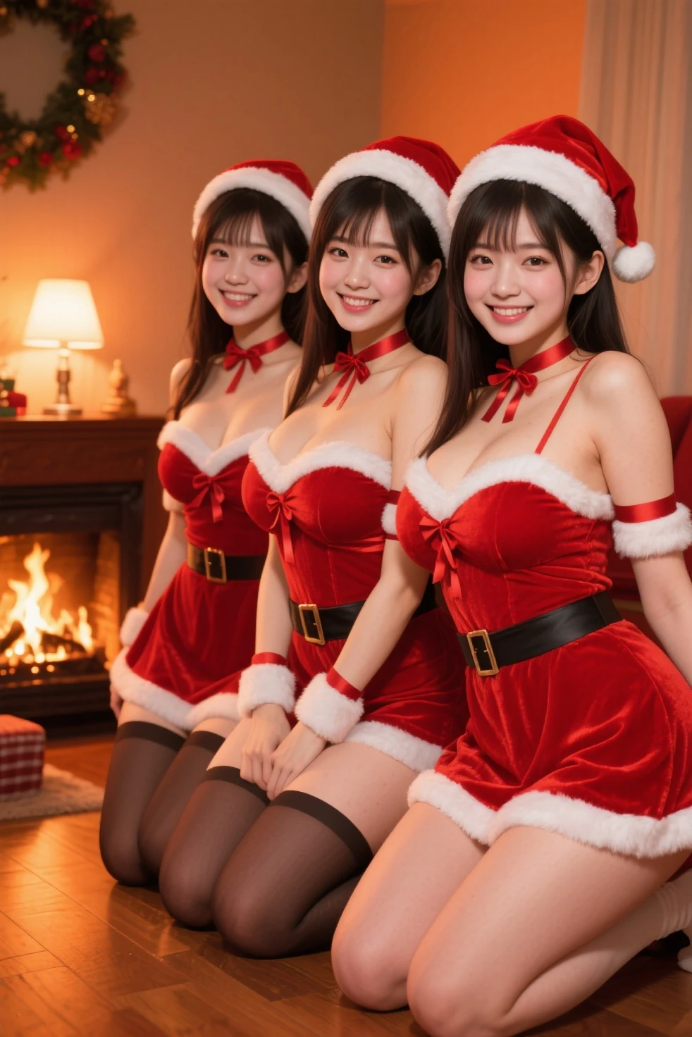 (2girls:1.4), Amazing face and eyes, Smile, energy, vitality, (santa costume:1.2), (Santa costume with open :1.4), (Best Quality:1.4), extremely detailed CG unified 8k wallpaper, Highly detailed, High-definition raw color photos, professional photograpy, Realistic portrait, (Girls Bar:1.3),  lighting, Pink Lights,  portrait of girl, Sensation of , Exposure, (Christmas tree, Christmas Ornaments), Christmas Party, Special moments, cheers to our love, Endless love,