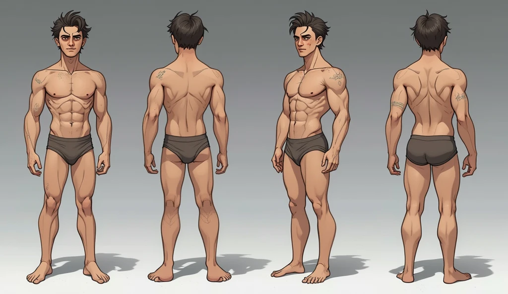 1boy, single, reference sheet, character design, front angle, side angle, left side angle, right side angle, dynamic poses, (masterpiece:1.2), (best quality:1.3), (reference sheet:1.5), adult anime male, huge man, tall man, masculine body, muscle body, muscle tall male, athletic body, muscle builder, muscle, bulky body, giant, Bara, 6ft. male, (Blue eyes), (short hair), (short bangs), (black hair), (pale skin), (pale skin color), beard, ?????, ????? men, ????, ????, handsome, wide ?????, string ?????????, speedo, huge ????, wide ????, daddy, barefoot, not wearing pants