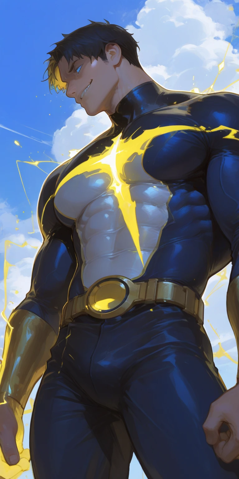 Endeavor, my hero academia, from front, super fine, bodysuits, lower body shot, middle-aged man, hunk, looking down and mouth wide open with shocked face, crotch grab, crotch squeeze,