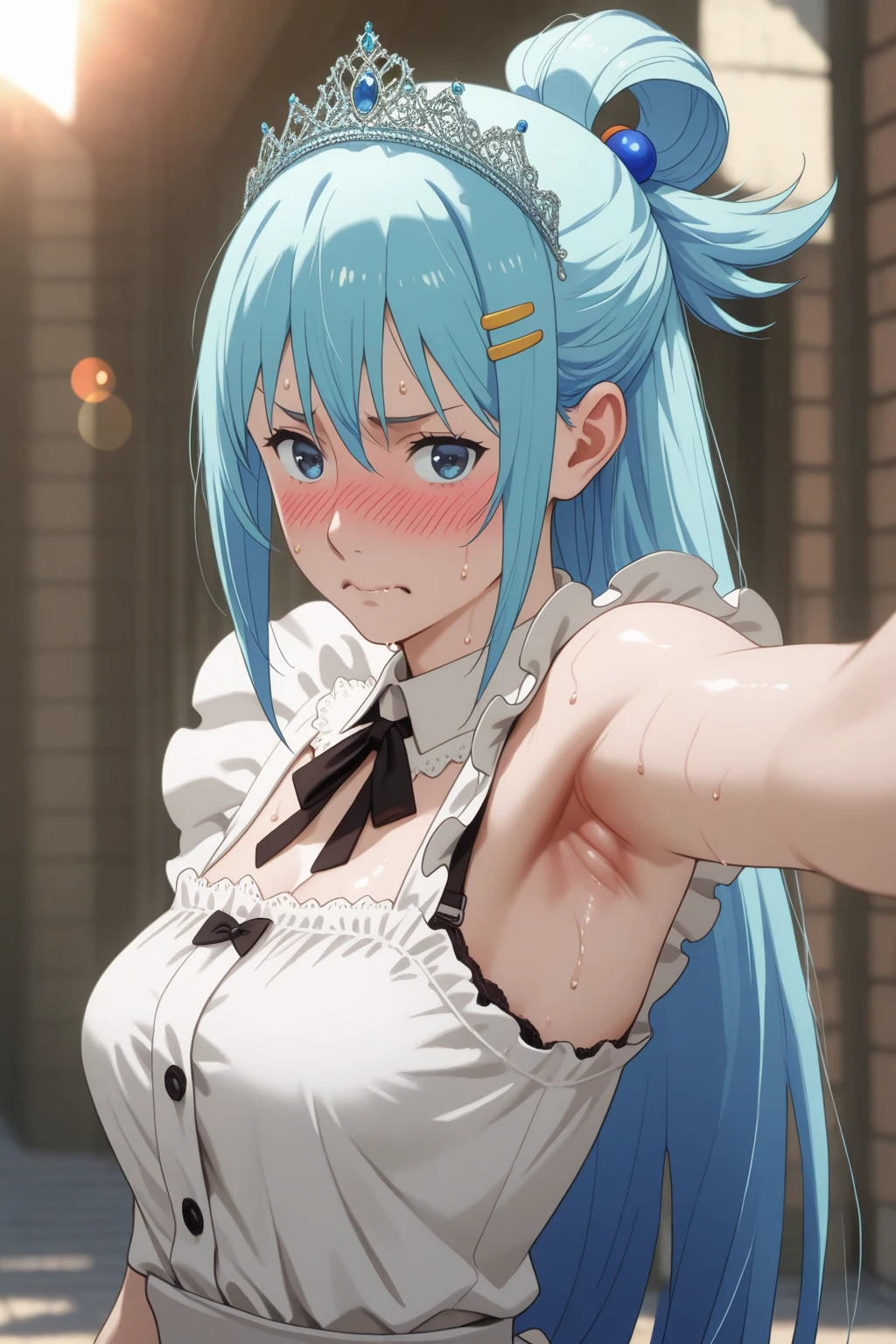 scared expression,open mouth,clenched teeth,purple eyes,azure hair, healthy skin, ((, )), ((((, blood, prison, pain))))