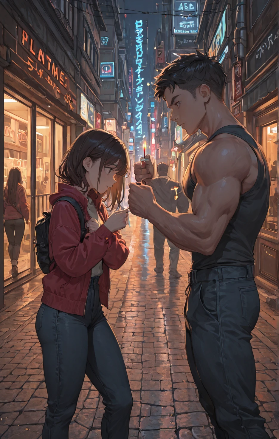 Two men and women fighting in a street fight。A female street fighter is dominated by a man and cries.。Covered in bruises。Bloody。shortness of breath。Drooling。Frightened expression。Running out of energy。Sweaty。Short black hair。Open Finger Gloves。Upper body 。Denim shorts。 。One eye closed。Leaning back。A man's fist hits a woman's face。