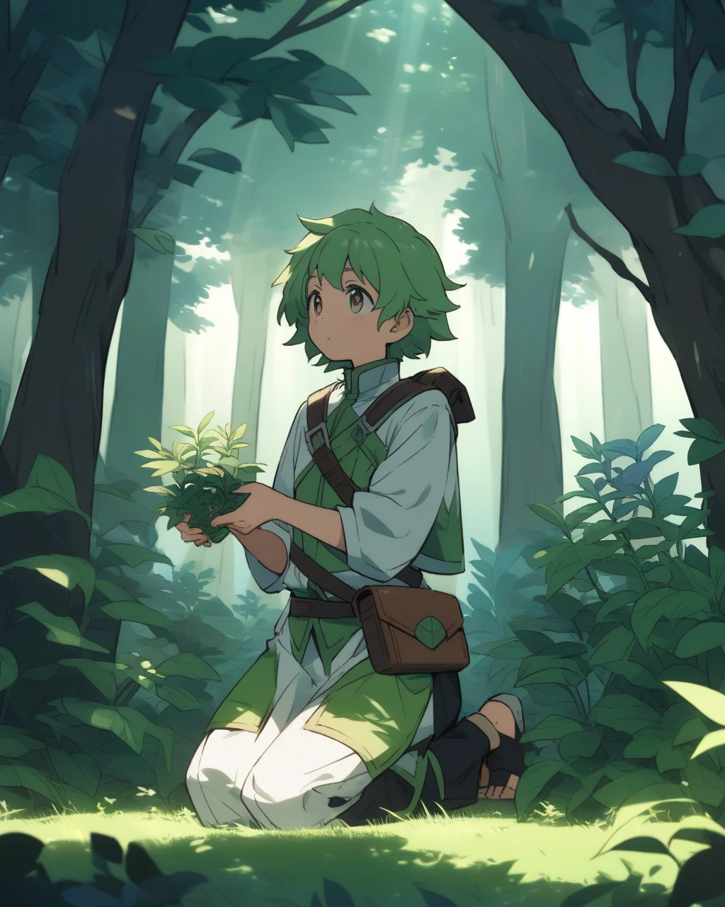 A boy，Solitary，Green clothes，There is a cape，Light blue short hair, White socks, boots, contour, Backlight, Sit cross-legged, grassland, outdoor, twilight, Sunset, Red_Sky