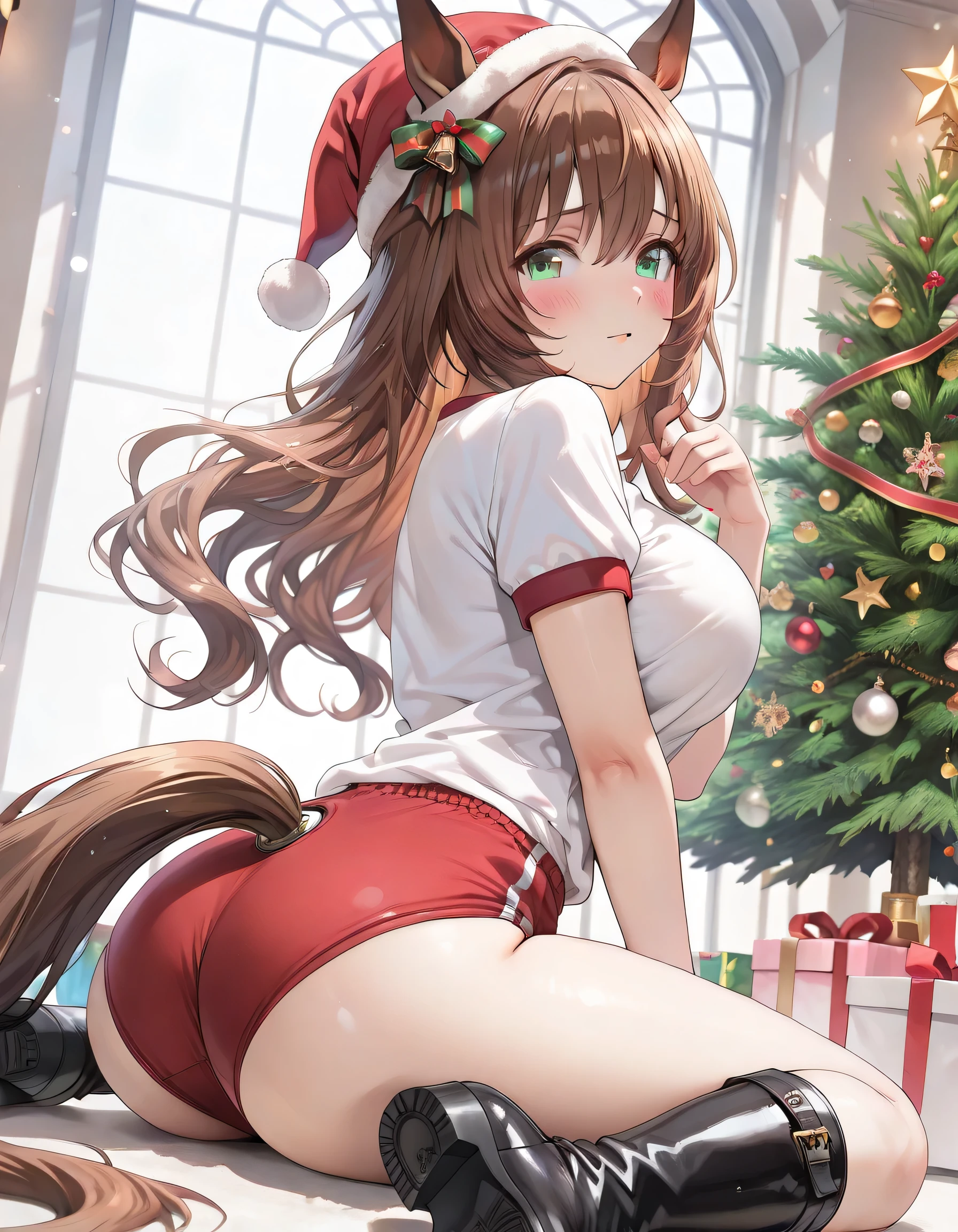 High resolution, high quality, 1 girl, anime girl, brown long hair, brown eyes,heart-shaped pupil, green glasses, tanned skin, ???????????,beautiful ???????, (big ???),beautiful ????,Miko,red mini skirt,Are standing,At the shrine,snow Road,