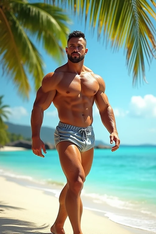 young muscular man, rectangular body, trapezoidal head, with blue eyes, Latin features with goatee style beard and short silver hair, ?????, Bulging ??????, detailed ??????, visible ??????, velludo, flexing muscles and tanned skin, posing standing on a beach
