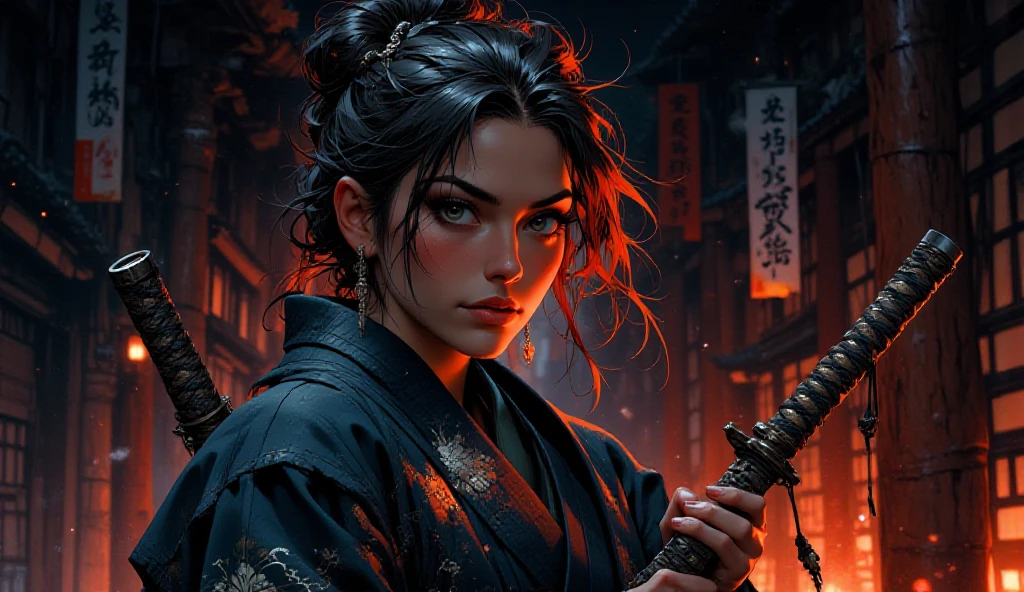 Hyperrealistic version of a woman kneeling down with a sword in her hand, very beautiful cyberpunk samurai, anime cyberpunk art, cyberpunk samurai, cyberpunk anime art, anime cyberpunk, cgsociety 9, digital cyberpunk anime art, style of maciej kuciara.1girl, samurai armor, helmet oni evil mask,intricate, ornaments detailed, cold colors, metal, egypician detail, highly intricate details, realistic light, trending on cgsociety, glowing eyes, facing camera, neon details, ultra realistic details, portrait full body, japanese atmosphere, global illumination, shadows, octane render, 8k, ultra sharp.cool lolita.