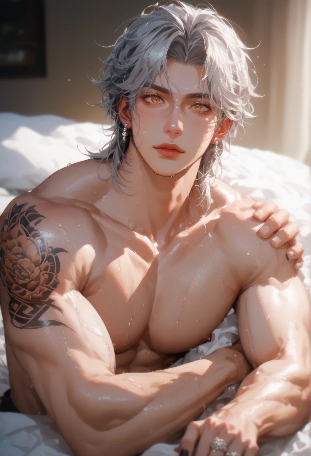 Japanese male model, adult, handsome, perfect face, detailed eyes and face, clean shaved, sixpack realistic, white eyebrow hair, white eyelashes, dynamic lighting, unreal engine 5, hd picture, satoru gojo, white hair, short hair ,hair between eyes ,blue eyes, white skin,