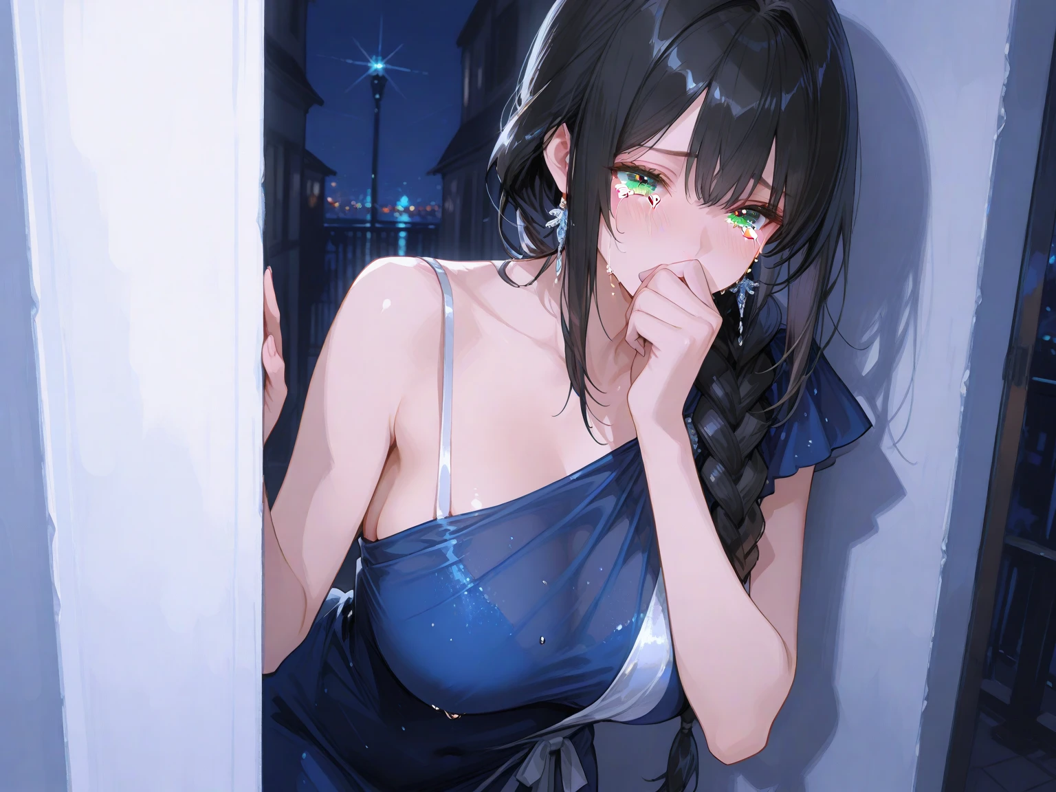 ((Biologically correct limb count))、(( Full-body photo including face))、4K、((Standing position))、masterpiece、((Focus on the face))、((Symmetrical  features))、Eye for detailed depiction、Beautiful blue-haired woman、Excellent style、Beautiful clavicle、Beautiful feet、Beautiful Hands、Slender body、(stockings、garter belt、High heels）、 detailing、Small earrings、necklace、(rubber jacket、Rubber Skirt)、High heelsに照明を当てる、tie、sunny、(((White framed photo)))、Fascinating、Night street、profile、(Low - Angle、A camera angle that captures the inside of a skirt from below)、gloves、（(Blue hair with pink mesh)）