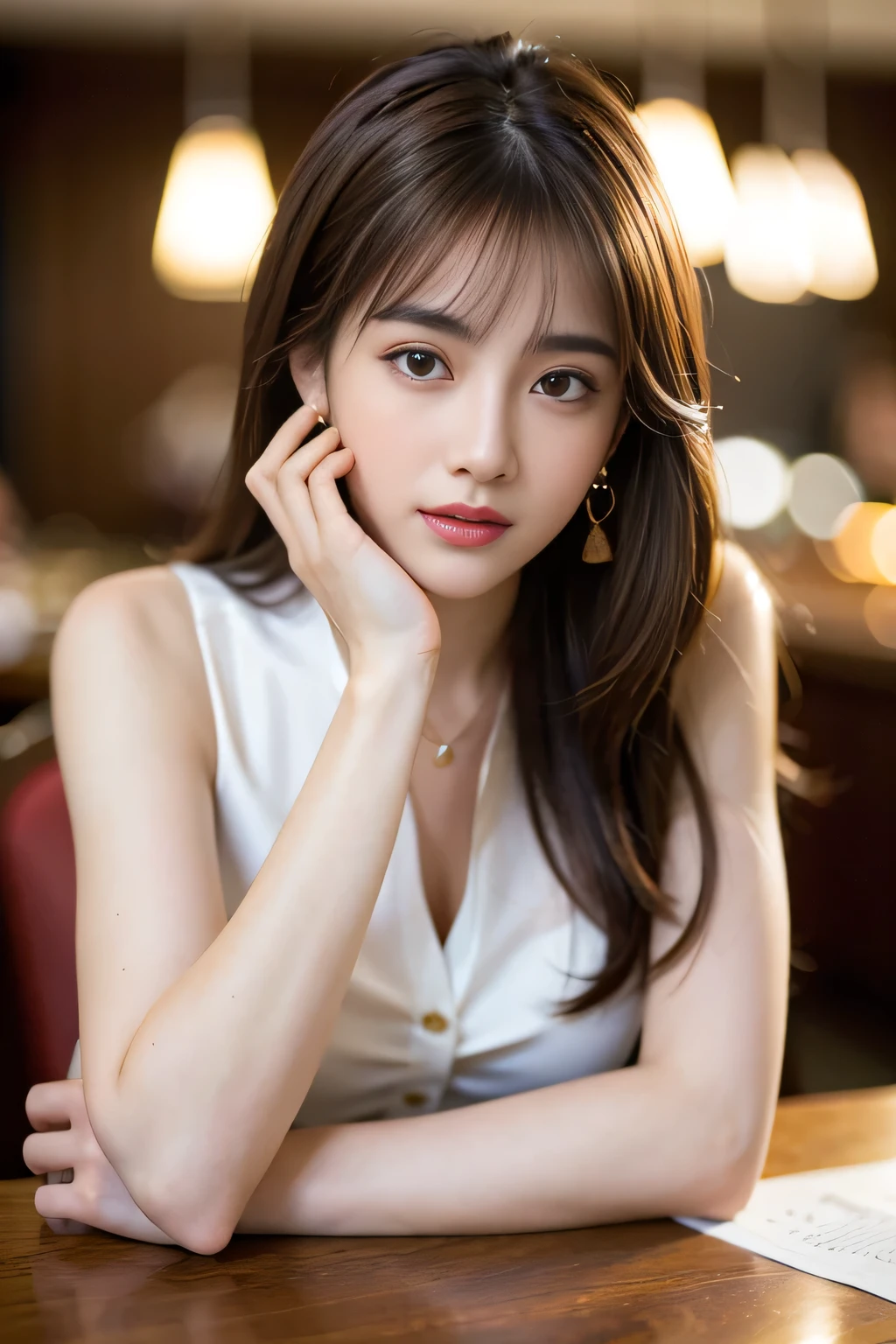 masterpiece, Highest quality, Realistic, Very detailed, Finer details, High resolution, 8k wallpaper, One beautiful woman, Wear a nice suit, In a great restaurant, At night, Light brown messy hair, Perfect dynamic composition, Beautiful and beautiful eyes、Big earrings、Sit on a chair、