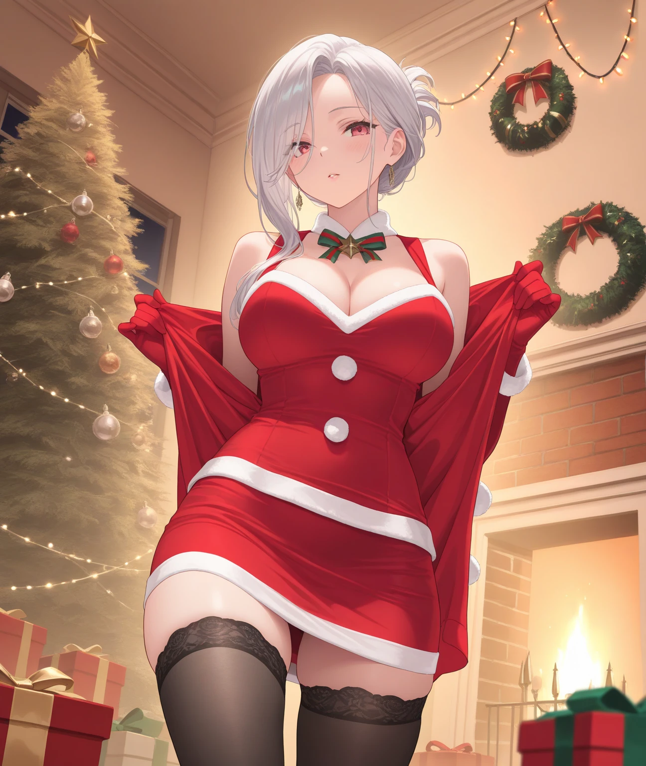 Hentai、Highest quality、A short, plump, super busty gal  and flirts with men at a Christmas party、Perfect proportions、Jack the Ripper、Beautiful sparkling eyes、smile、Blushed、Cowboy Shot