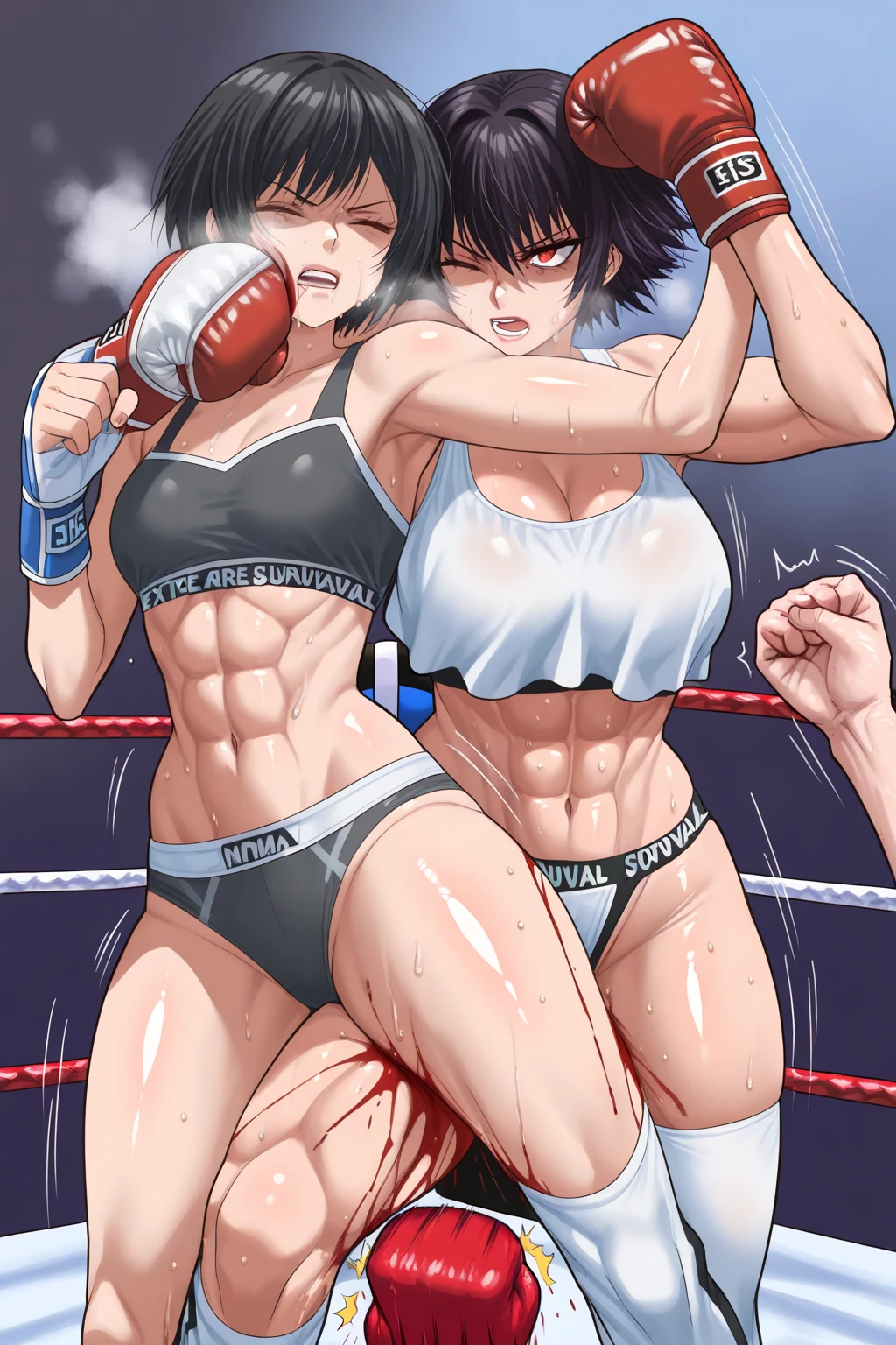 full body. Two injured Japanese female high school mixed martial artists fighting in the ring。Short black hair。Glaring at someone。They are pushing opponent's body by fist so hard  each other violently. Drooling from the mouth。One eye closed。Serious expression。A fighting expression。Drenched in sweat。A well-trained body。Six Pack Abs。Small breasts。Erect nipples。Upper body naked。Open Finger Gloves。shortness of breath。