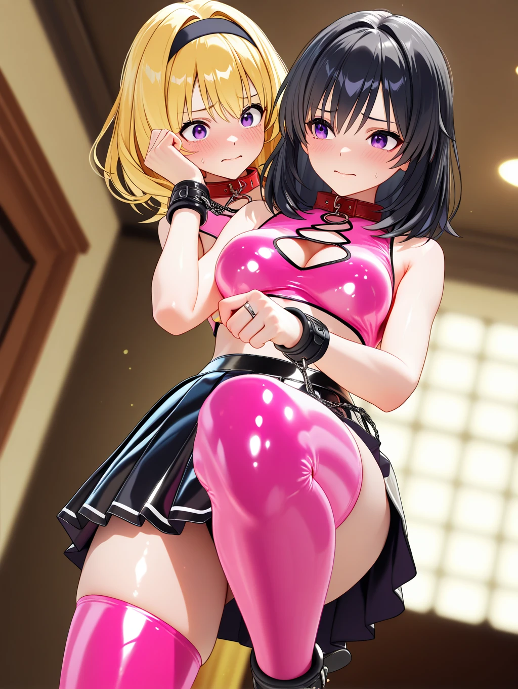 Two Fat Cute Girls、small flat chest、thick thight、SEX、cum shots、Ejaculation in the mouth、cum on hair、cum on chest、skin tanned、Pink leotard、Leotards with frills、Lori、Squatting、doggy style、Sweat all over the body、face that seems to cry、The tongue is visible、tears、Frustrated expression、toppless