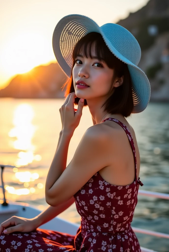 35mm film photography, Joyful, smiling kazakh woman pin-up woman posing beautifully smiling on a yacht clear weather summer sky blue bright sun in hands cocktail retro style pin-up green dress with polka dots dancing