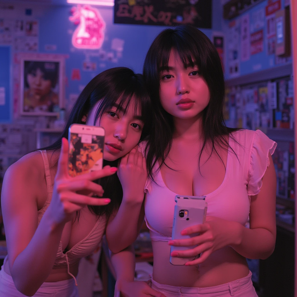 (Masterpiece, Excellent, 1girl, solo, complex details, color difference), realism, ((medium breath)), off-the-shoulders, big breasts, sexy, Yae Miko, long pink hair, red headdress, red highlight, hair above one eye, green eyes, earrings, sharp eyes, perfectly symmetrical figure, choker, neon shirt, , turtleneck sweater, , brick wall, graffiti, dim lighting, alley, looking at the audience, ((mean, , charming)), ((cherry blossom background ))),((Japanese temple background)))), (((Glow-in-the-dark background)))