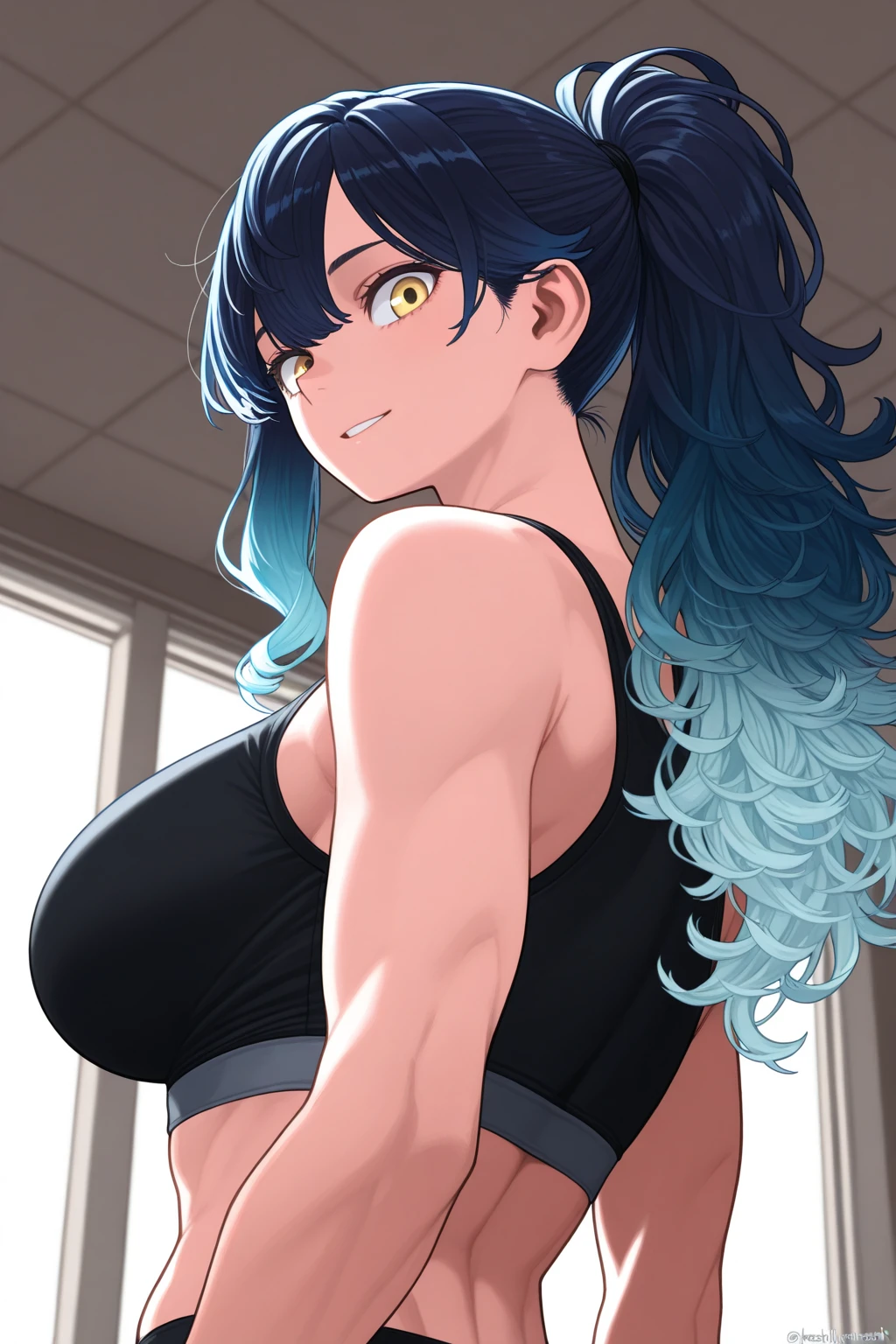 ( Shark, furry, anthropomorphic, blue skin, whole body, Best quality, human like body figure), female, bedroom background, inside, wearing thin black jogging shorts, wearing small black , Furry art, furry arms, big grey shark tail, Big floofy tail, black fur legs, Noon, blue hair, wearing glasses, Bigger thighs, Bigger chest, blushed, gas air effect, hearts, sitting on lap, leaning down, 1 hand in jogging shorts, pleasure face, sfw