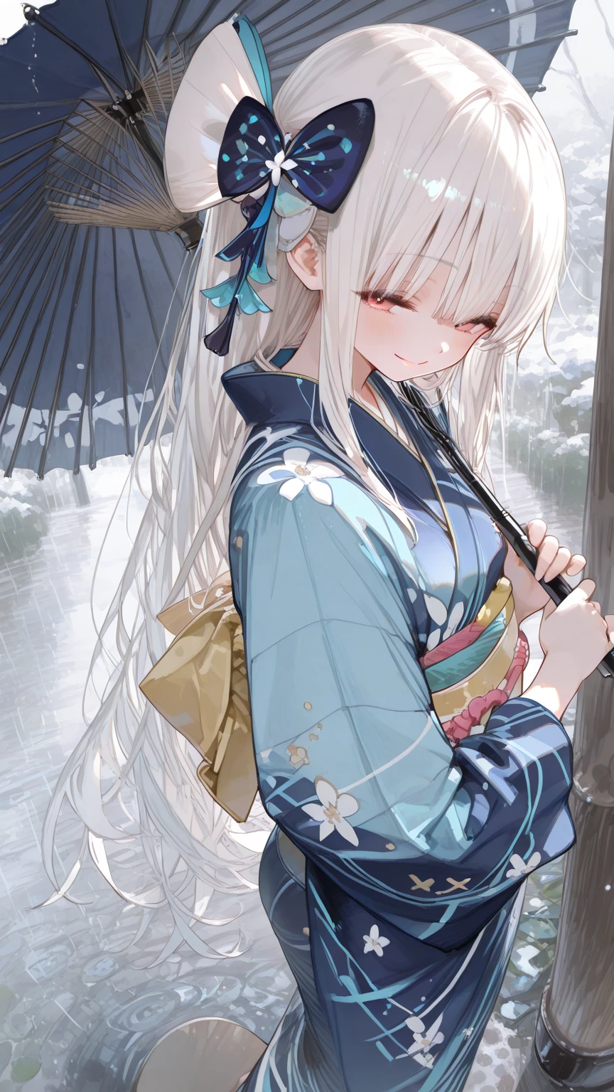 On the rainy playground, mature woman with umbrella above her head, the background is the campus, blue denim leggings, delicate  features, light blue eyes, masterpiece superb night moon full moon 1 female mature woman Chinese sister royal sister cold face showing silver white long hair woman light pink lips calm intellectual three banded gray elementary school student assassin lantern lantern flower ball background strolling street scene, long hair shawl,