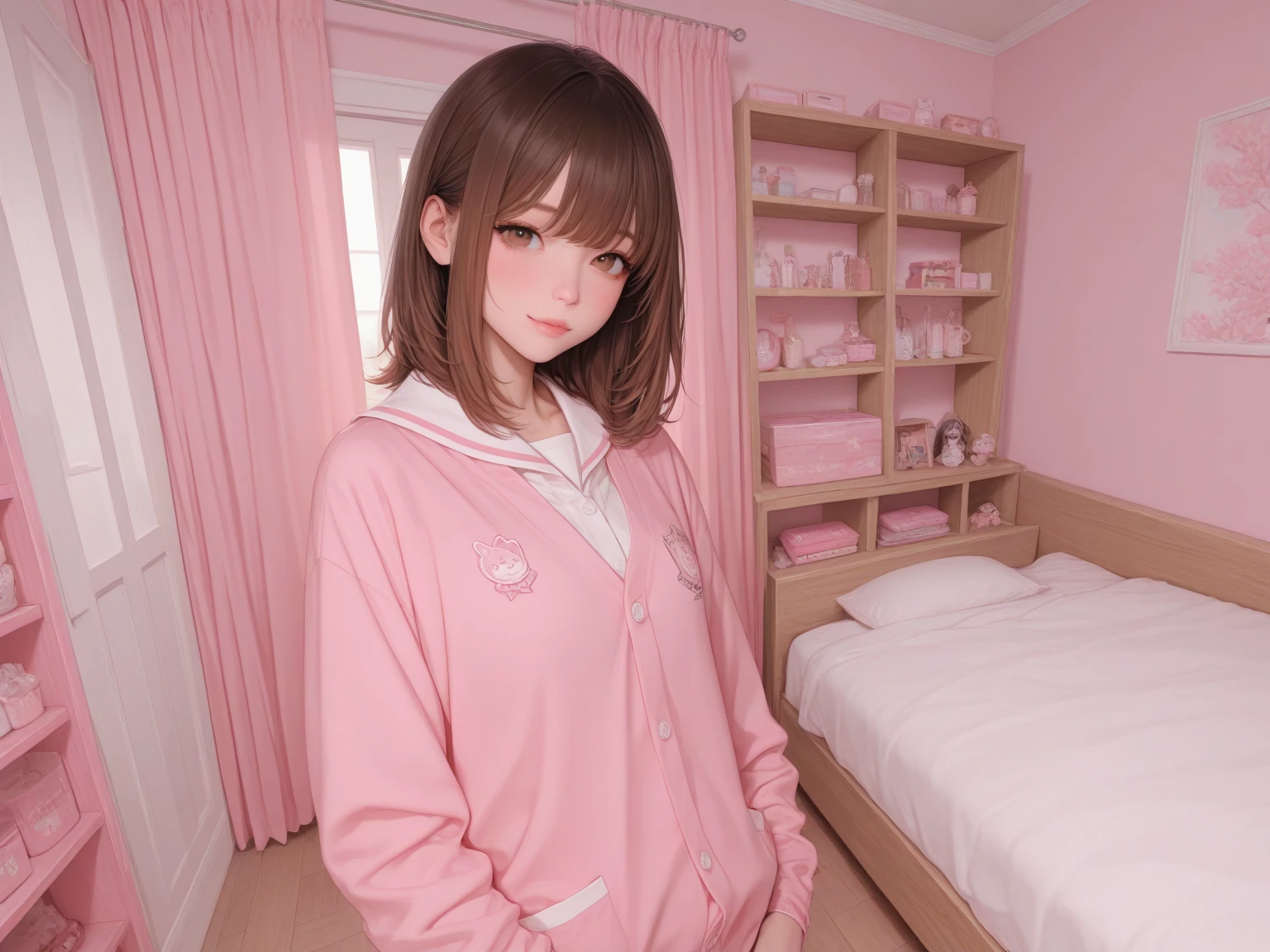 girl  sleeping、22 years old、逼真、Wearing pink pajamas、Has black hair。insertion、Female 、、touch and play、Panting face