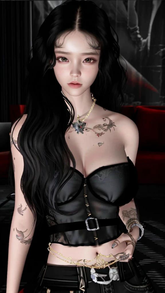 there is a woman in a black dress standing in a bedroom, posing in a bedroom, Second Life-Avatar, imvu, Bedroom Eyes, wears black collar, posing in bed, dominant pose, Full body shot at close range, in a bedroom, In my bedroom, seductive, fascinating woman, sensual, gloomy style, Full body closeup, finstere Pose