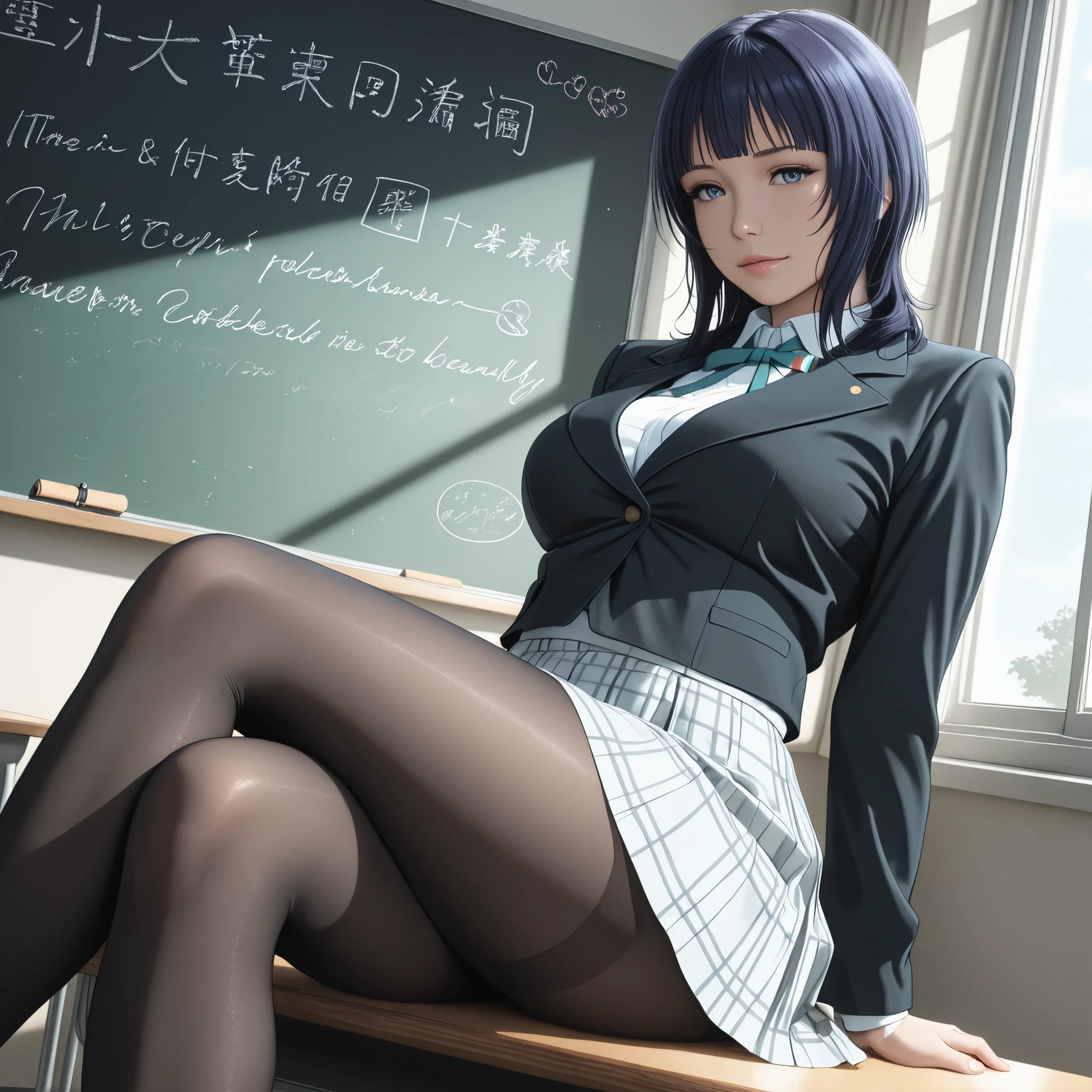 solo girl,face close up ,sitting,crossing arms,(from below:1.2),eyewear,looking down, 20 years old,  black hair,  short hair,bob cut,  expressionless, emotionless eyes, large light blue eyes, small_breasts,  bowtie,long sleeves,dress shirt,indoor,school,  (masterpiece),  best quality,  high resolution,  extremely detailed,  detailed background,  perfect lighting