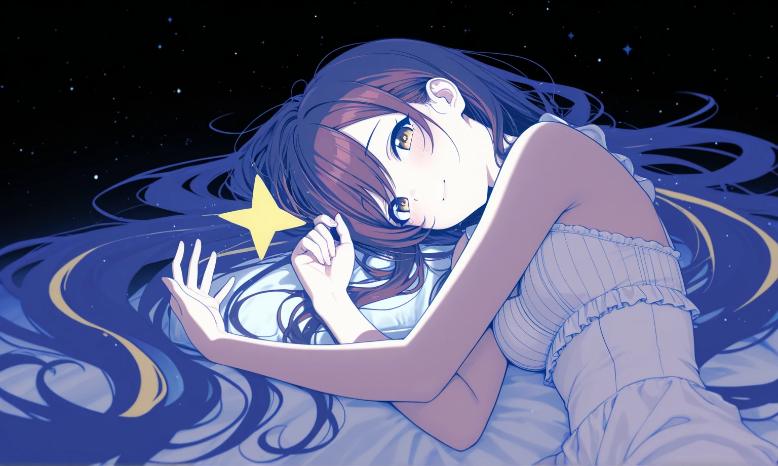 ((By Kinu Nishimura)), ((Kinu Nishimura Style)), ((Artist: Kinu Nishimura)), ((Kinu Nishimura)), ((art by Kinu Nishimura)), ((1girl)), adult, ((long hair)), ((hair bun with white ornaments on left side of head)), long face, tall, tall head, long head, tall face, thin eyebrows, eyelashes, teal eyes, thin nose, straight nose, lips, medium boobs, , cute , (), fully , , , completely , completely , fully , embarassed, tight , ((pubic hair)), 2d art, solo, ((on bed))