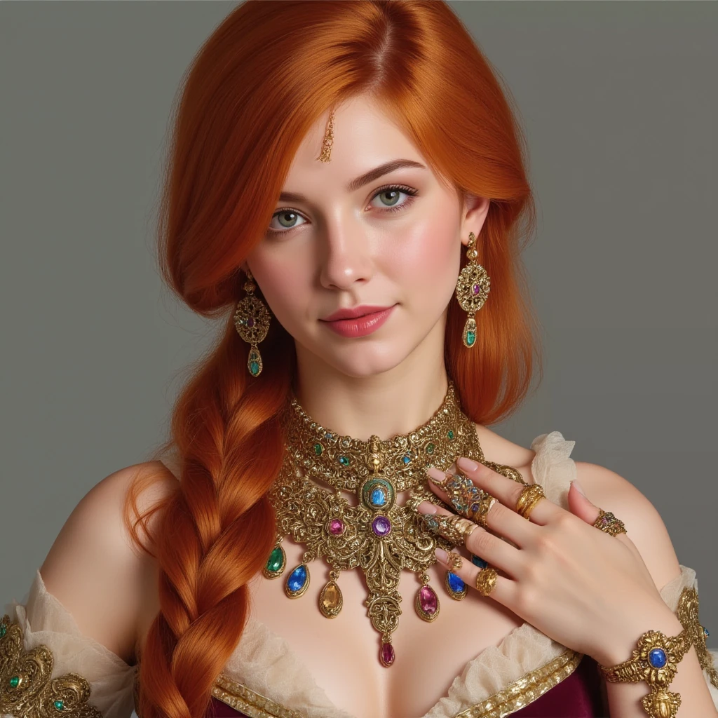 extremely beautiful model, 20 years old female, skandinavian, long bright orange hair, realistic, perky breasts, cleavage, crop top, ripped jeans, Midriff, Wide Smile, Eyes Detailed & Wide, Dynamic Pose. Hoop earing, arm bangles, headband scarf, Ultra HD, Rococo-Inspired Fantasy Art With Intricate Details. Cute, red lips, long lashes,Charming Expression, Alluring-Gaze, looking at viewer, Beautiful Eyes, An-Ideal-Figure. Large Youthful Well-Shaped-Breasts, Attractive ass showcased. Massive-Round-, Décolletage. Isla Fisher and lilly James .
