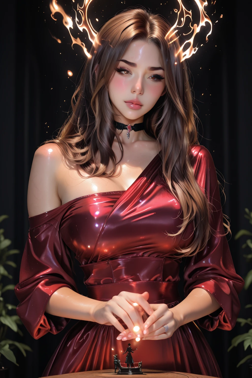 realistic, 1 women, best quality, 12k, HD, long hair, big round breasts, cleavage, ponytail, necklace, jewelry, shorts, short jacket, slim hips, hair tie, yellow eyes, black hair, super detailed, Eye details, hair details, person details, mouth details, face details, breast details, clothes details, hair details, pants details, hand details, whole body