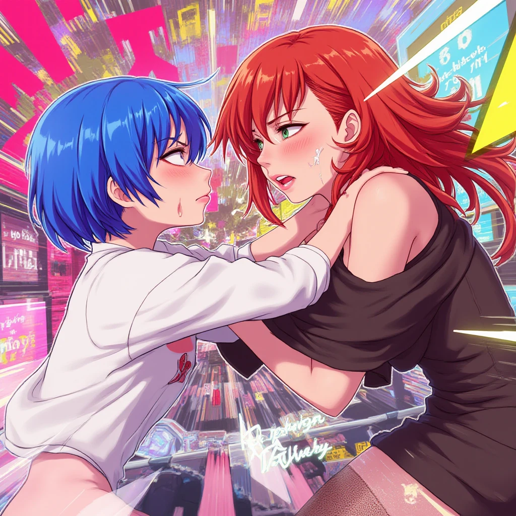 Masterpiece, best quality, nishikino maki, red hair, purple eyes,cowboy shot,solo ,gothic make up ,crop top, ((colossal cleavage)), denim shorts, choker, (graffiti:1.5), paint splatter, on knees,pov,high heels,pov , against wall, looking away, armband, thigh strap, paint on body, head tilt, bored, headset, fishnet pantyhose , castlevania style , straps  , make up,( on face) , blushing  ,sweaty, love live style 