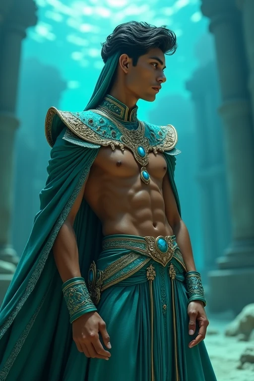 Young man with short blond hair, blue colored eyes, slight smile on your face, two blue marks around the eyes, wearing , wide blue pants with some details and similar to Arab pants, two gold bracelets with sapphires on the wrists, golden crown with sapphires and similar to a tiara on the forehead, gold necklace with sapphires, standing with arms crossed, a circle made of crystal clear water floating around the head, arab city in the desert, 独奏, Masterpiece artwork, precise, High details, 3D rendering, conceptual artwork, cinematic lighting, macro photography, 真实感, 