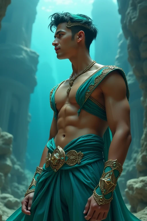 Photorealistic, Mesoamerican guy , ((best quality)), ((masterpiece)), (detailed),masculine portrait of young aztec god prince, 18-year-old male models, handsome, tall, cute looking, evil look, dark look, powerful, young male, handsome model, clean shave, silver eyes. (short curly messy brown hair), messy curly hair, super strong, muscular, fit, massive muscles, six pack, , barechested, muscle, ripped, strong body, fit body, aztec neckless, aztec loincloth, (aztec draped cloth skirt), aztec garment, aztec pyramid in the background, (Dark background:1.2) (aztec pyramid:1.4), 8k, high detailed, ultra-detailed, Stylish Pose, real skin texture, dark cinematic lighting,
