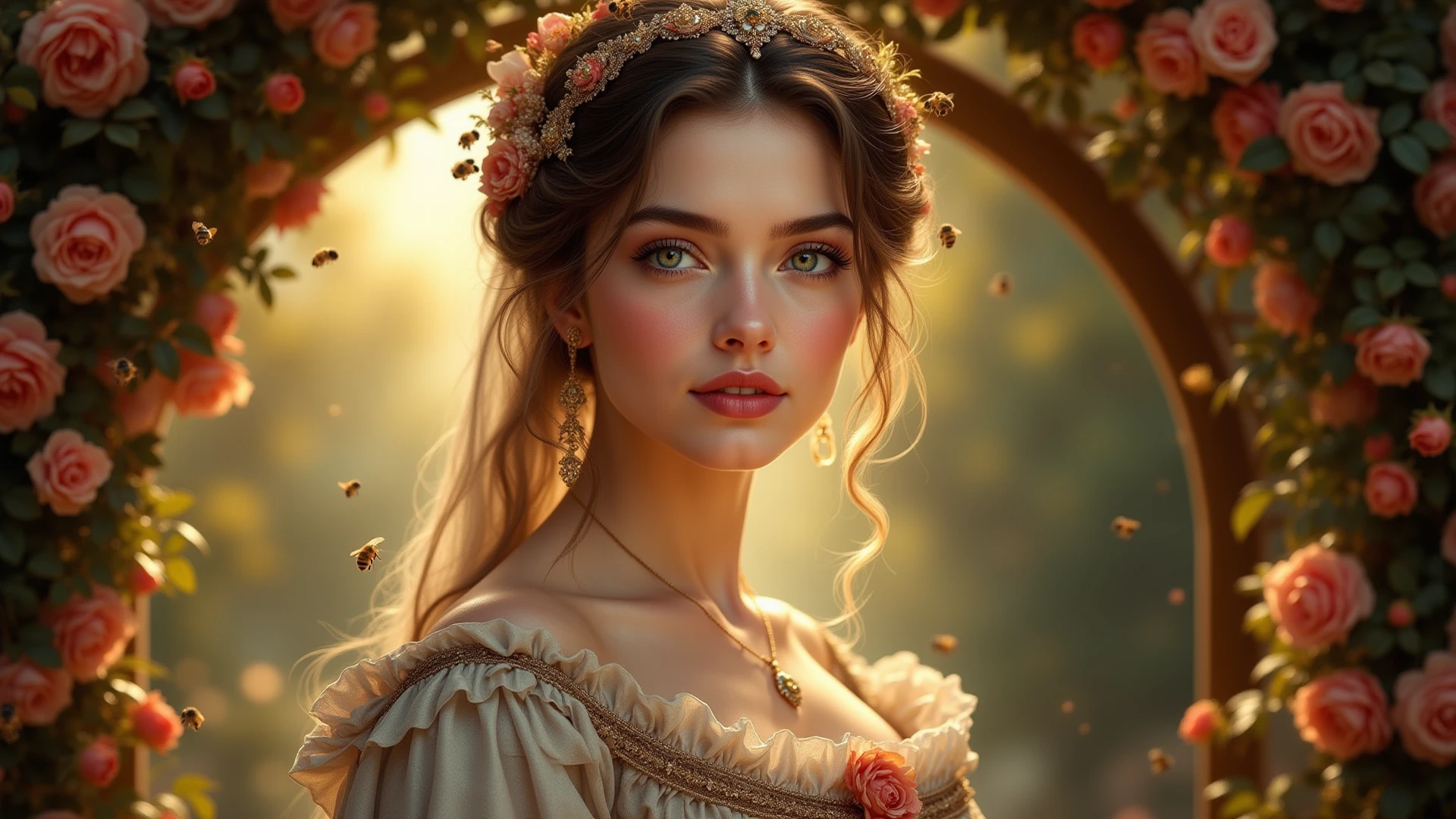 (1girl, beautiful detailed eyes, beautiful detailed lips, extremely detailed face, longeyelashes, princess, prince charming, blissful, languorous, fairytale, fantasy, dreamlike, warm lighting, soft focus, glowing skin, detailed ornate dress, lush garden, flowers, butterflies, golden hour, cinematic lighting, high quality, 8k, photorealistic)