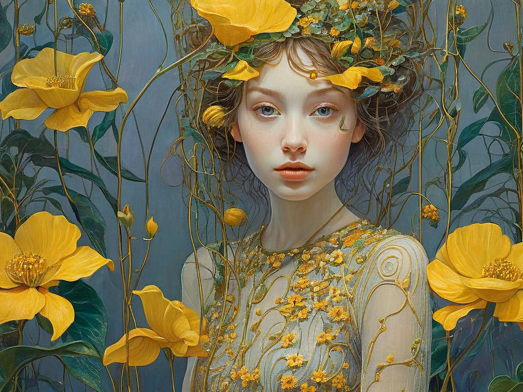 ten large gold coins scattered around the image, people have fun in a lush garden among plants and flowers  (Dave Mckean inspired art, intricate details, oil painting) 