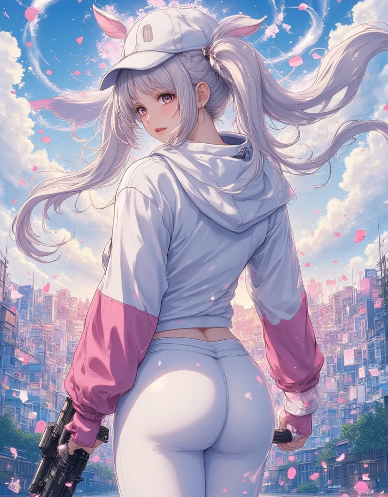 (Close-up:1.3),Realistic,highest quality, Super detailed, High-quality CG rendering, The most delicate and beautiful, Floating softly, High resolution, (1 girl), (highest quality,4K,8k,masterpiece:1.2), Light purple hair,Long Hair,Red eyes,(Pure white oversized hoodie:1.3),(Black skinny pants:1.3),(Pure white cap:1.3),In the city,old buildings,(Upper Body:1.3),(Turn your back to your audience:1.3),Ass,(Small shoulder bag:1.3)