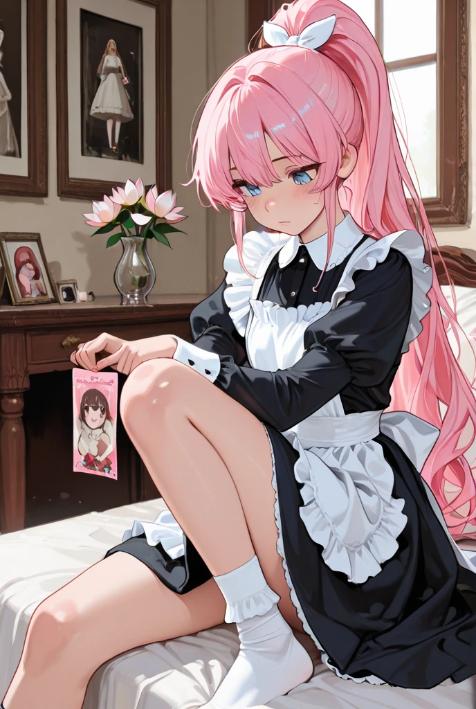 Girls with pink hair, long double-tailed hairstyle, ((small pink bushy eyebrows)), dressed in lolita clothes, marked ,  (Zankuro) drawing style by zankuro artist, Zancro style, image uploaded to R34, changing of clothes in a room, looking away, not looking at the camera (hidden camera recording it, security camera filter recording it)
