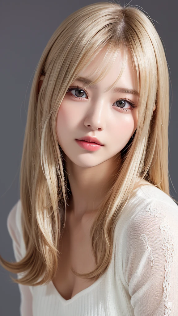 A beautiful face with blonde hair blowing in the wind、Beautiful bright light brown eyes hidden by her hair、white and shiny skin、beautifully、Very long、Shiny, silky blonde hair、美しいbangs、Sexy 18 year old very beautiful woman、Unparalleled beauty、Cheek gloss、Beautiful Skin、Small Face Beauty、eyeliner、bangs、Bang to the face、Hair above the eyes、Hair between the eyes、Round face、Strapless Summer Dress,Front facing,whole body,