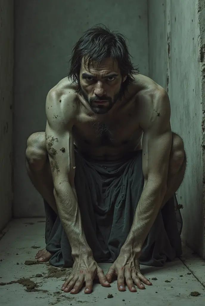 A madman chained and with wounds on his body 