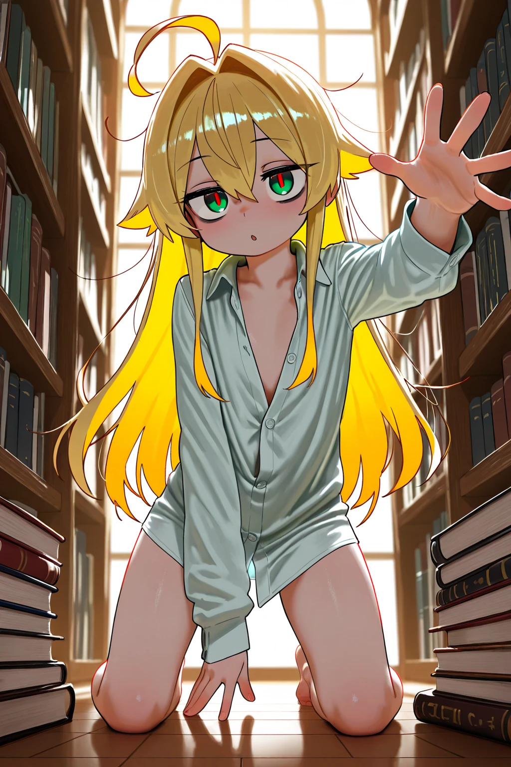 score_9, score_8_superior, score_7_superior, score_6_superior, sauce_anime, Perfect hands, Perfect Eyes, ,1 girl, solo,Mavis, scenery, grip \(Made in Abyss\), Blonde Hair, Green Eyes, Glasses, Low twin tails, pov,masterpiece, expensive quality, very_expensive_solve, big_file size, Full Color,Bedroom,belly button,blush,(Completely :1.2),,,(Little:1.4),(Flat Chest:1.2),(pregnant:0.8),room,(:1.3),