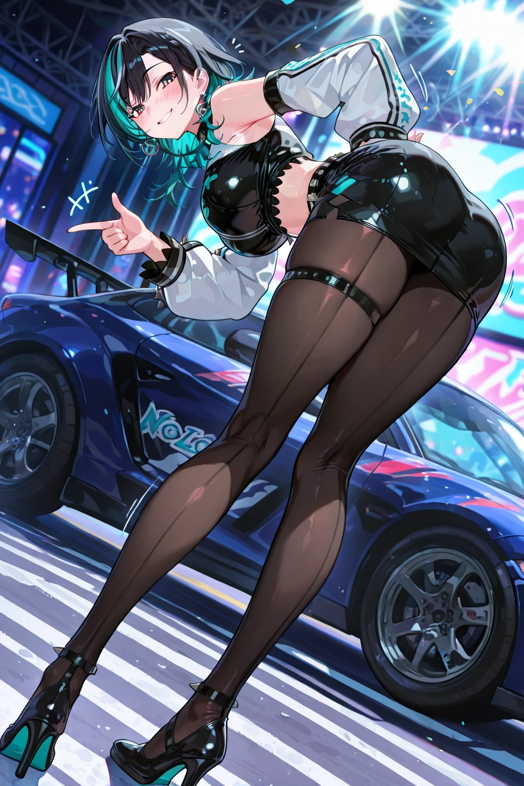 a woman wearing a silver  dress, blue hair, ponytail hair, purple eyes, smiling, big breasts, near a well-detailed black car, on a track in a large city at night, perfect lighting,HDR, ultra resolution , very detailed, masterpiece, ultra quality, 4K HD.