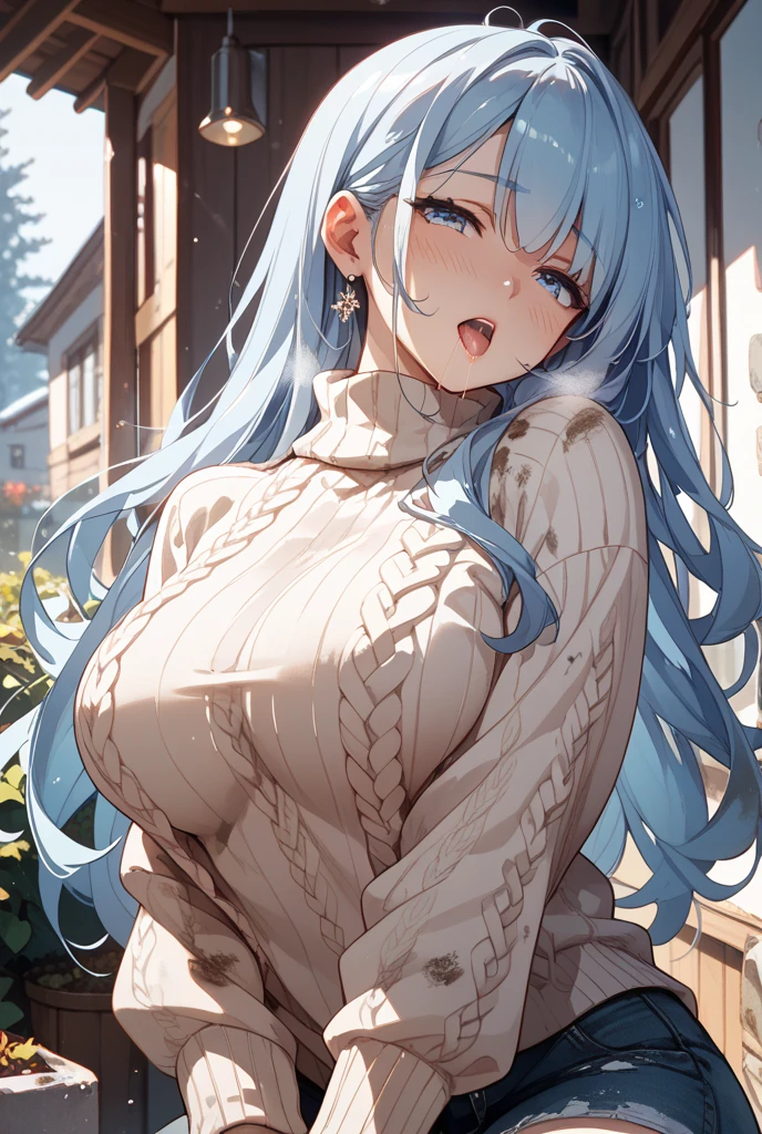  Girl with ???????????, Waist length hair, soft blue eyes,  beige sweater, white skirt shorts