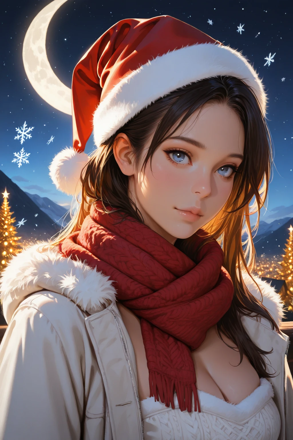 (Hermosa mujer)，Navidad，Un cabello oscuro，Bobsleigh medio，(Vestido con el traje de Santa Claus:1.4), More detailed 8K.motor irreal:1.4,UHD,La mejor calidad:1.4, fotorrealista:1.4, textura de la piel:1.4, obra maestra:1.8,obra-prima, mejor calidad,objeto Objeto], (detailed face features:1.3),(bosque congelado nieve:1.4),posing for camera:1.4), (manos Detallado:1.4),Minifalda roja :1.4), brown hair (((blue eyes))), ana de armas, ((long brown hair with blue eyes)), hair with many details, beautiful neckline, 8k artgerm bokeh, fanart best artstation, render photorealistic girl, art in the style of guweiz, inspired by WLOP, ig model | artgerm, deviantart artstation cgscosiety,  Christmas background