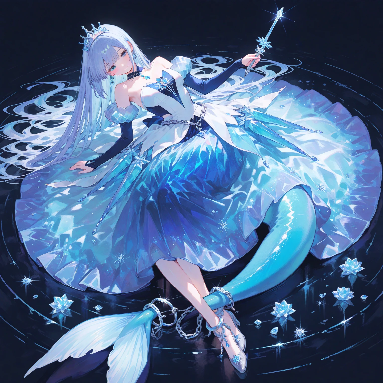 (Piece Fly), (best quality), Very detailed, 1 girl, Perfect face, (Single full body shot:1.3), Very detailed顔，(Grey hair long hair:1.5)，(blue eyes:1.4)，(In the water:1.4)，(White Dress:1.5)，ocean，Small schools of fish，Light，bubble，jellyfish，ocean藻，Redfish，of fish，深ocean，fantasy，ocean底，float，(ocean底都市:1.4)，Smile:1.3