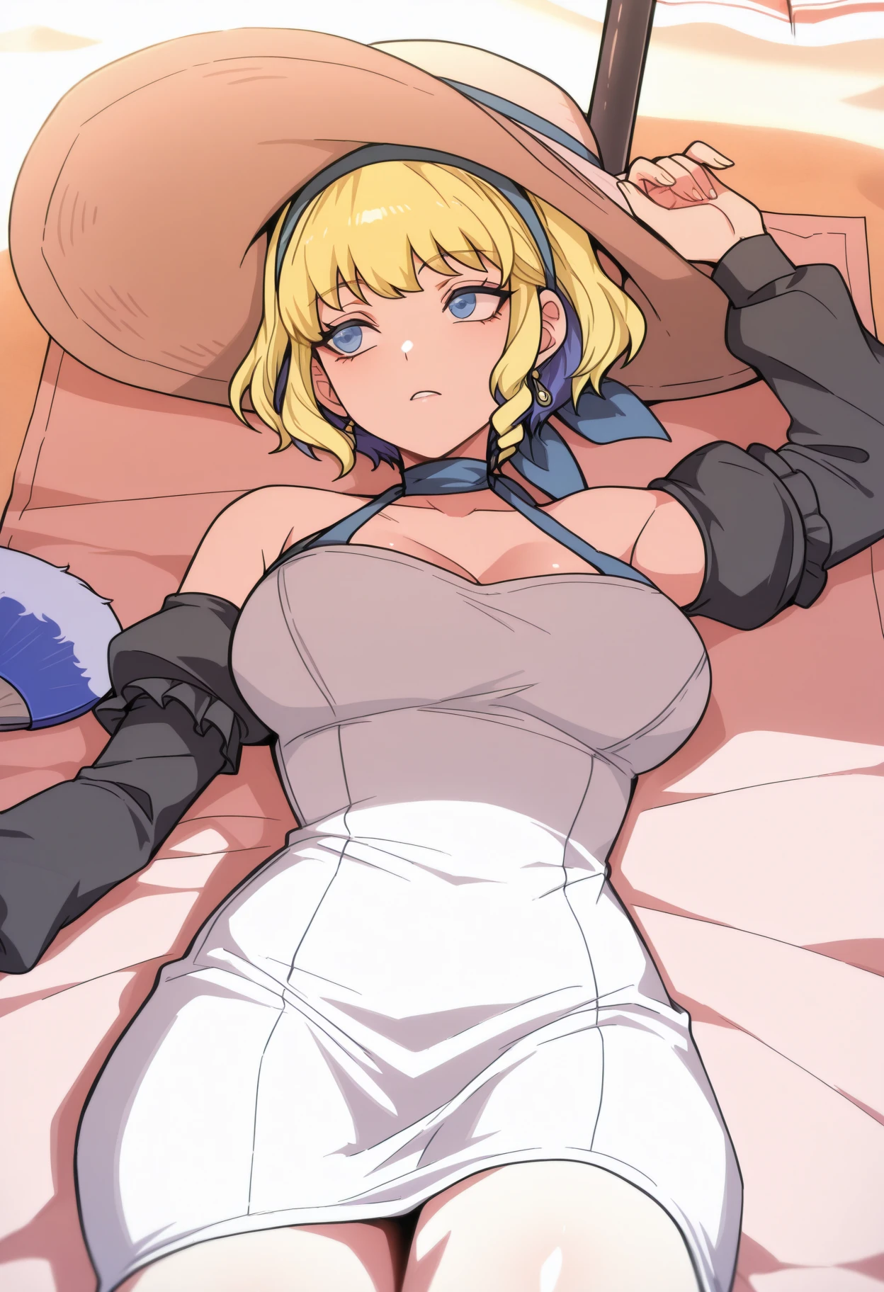 （One girl）、((short hair))、((Blonde))、（Sato Air）、((boyish))、((Big super breasts))、(Chubby)、beautiful girl、((Big thighs))、Blue Eyes、(Purple Leotard)、(White sleeveless)、Princess Knight、((hairs between eyes))、((thigh-high socks thighhighs))、(long gloves)、smile、((see-through))