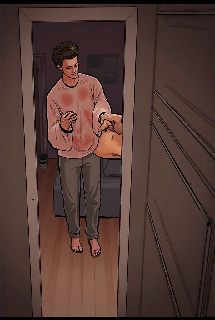 this angry man turns his face and shouts with irony rage, shirtless 16 year old boy standing talking